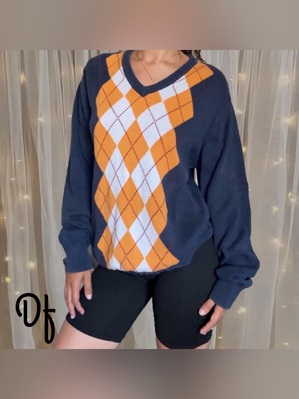 VTG Navy and Orange Argyle V-Neck Sweater Size L